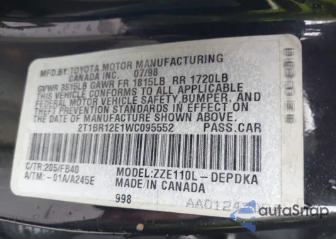 1998 Toyota Corolla Ce z USA, uszkodzony, nr VIN 2T1BR12E1WC095552